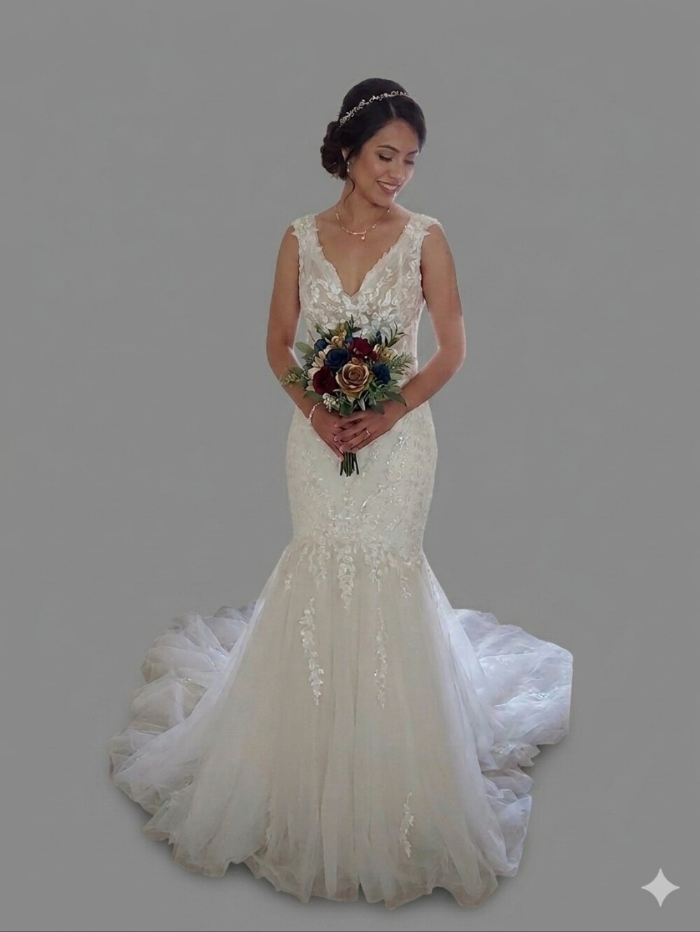 Justin Alexander Elegant White Lace Mermaid Off Shoulder Wedding Dress